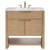 Corine Coastal Beach White Carrara Marble Oak Woven Cane Vanity Sink - 36"