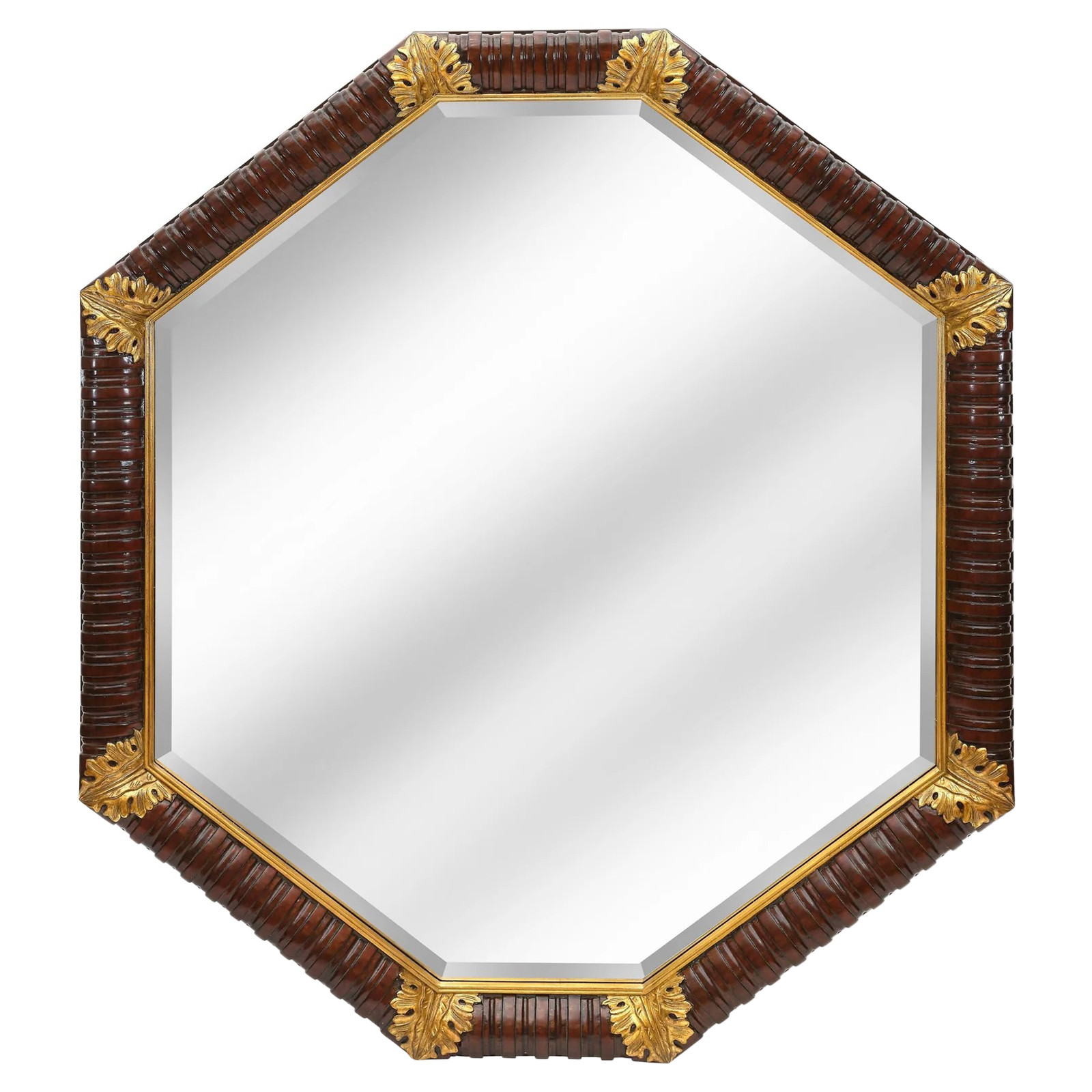 Acanthus Updated Traditional Brown Wood Octagonal Wall Mirror