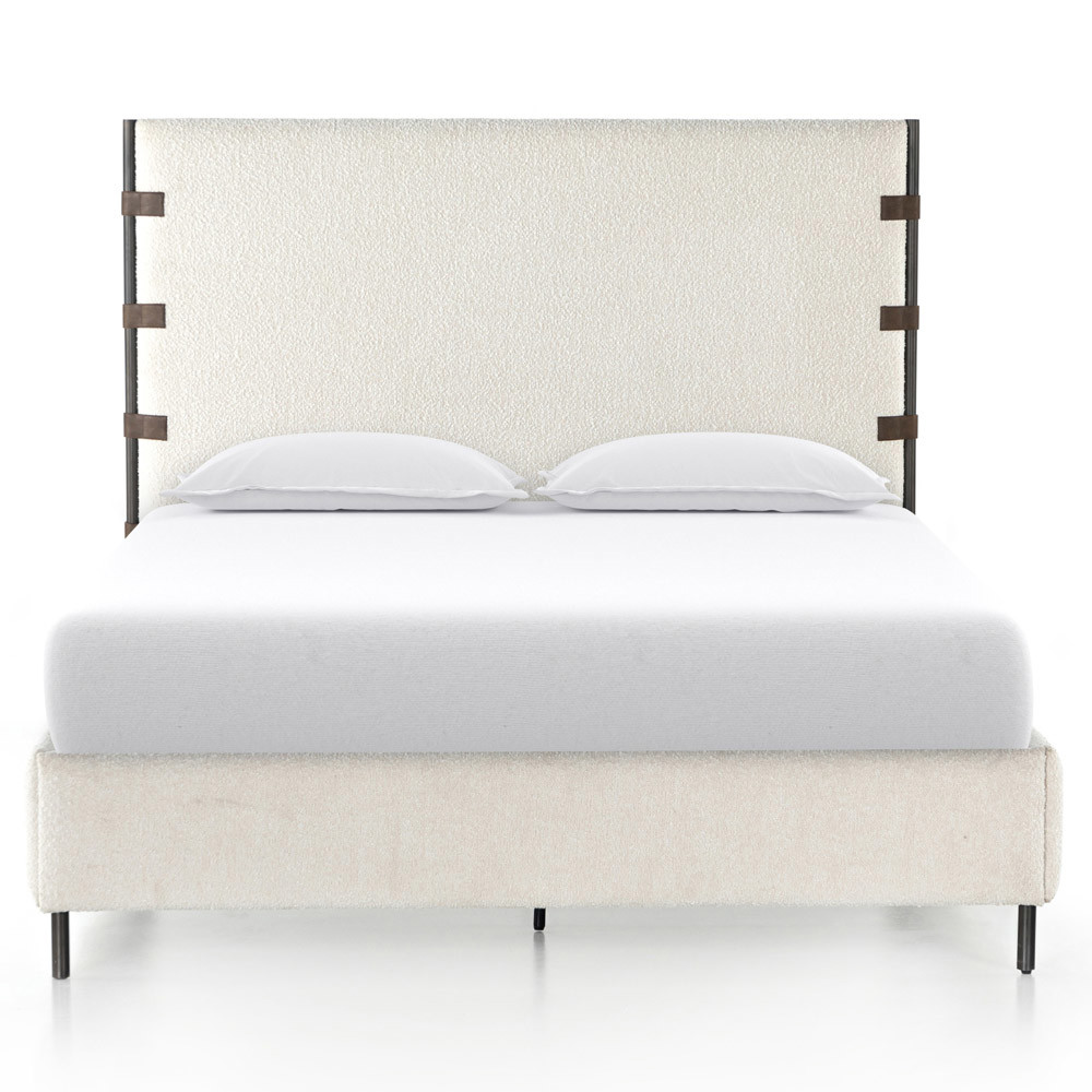 Gerald French Country White Performance Boucle Waxed Black Iron Frame Bed - Queen