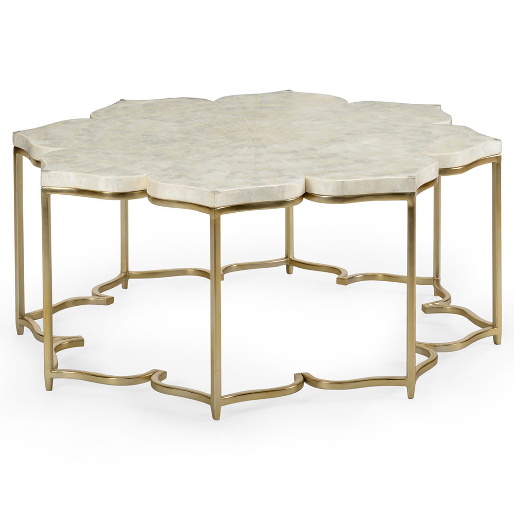 Georgina White Capiz Shell Top Metal Frame Lotus Flower Coffee Table