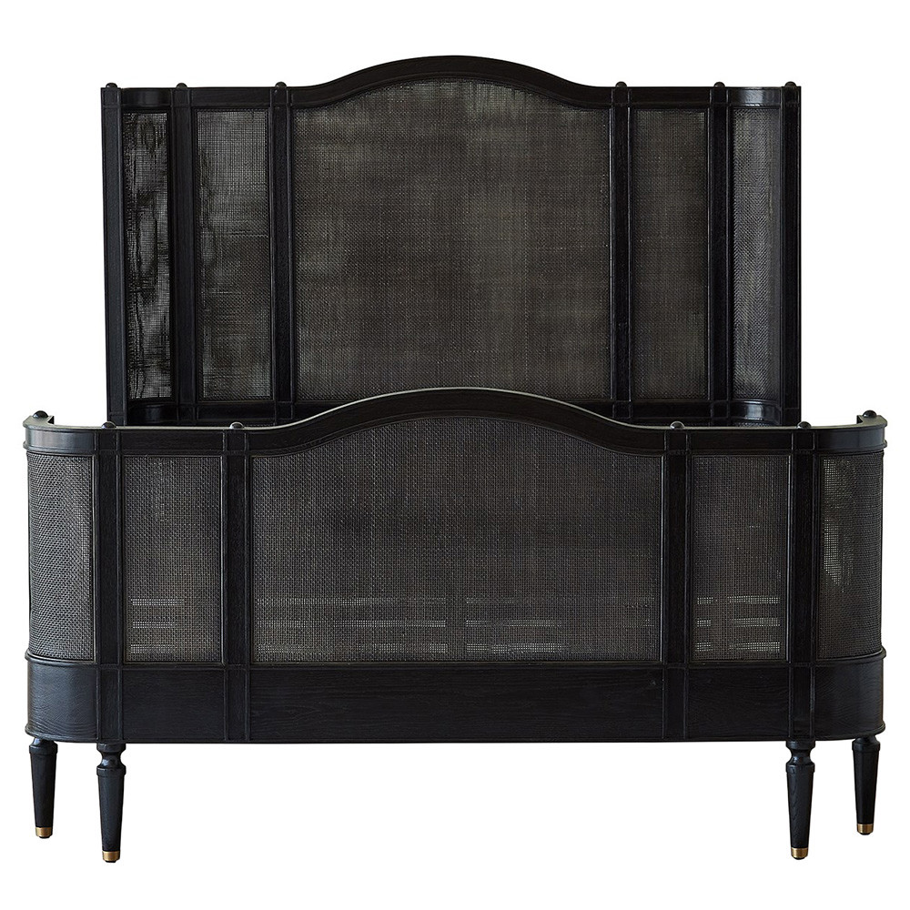 Solene French Country Black Woven Cane Oak Bed - Queen