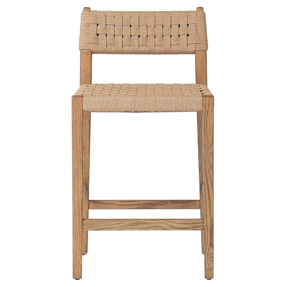 Henry Coastal Beach Brown Oak Natural Woven Rush Counter Stool