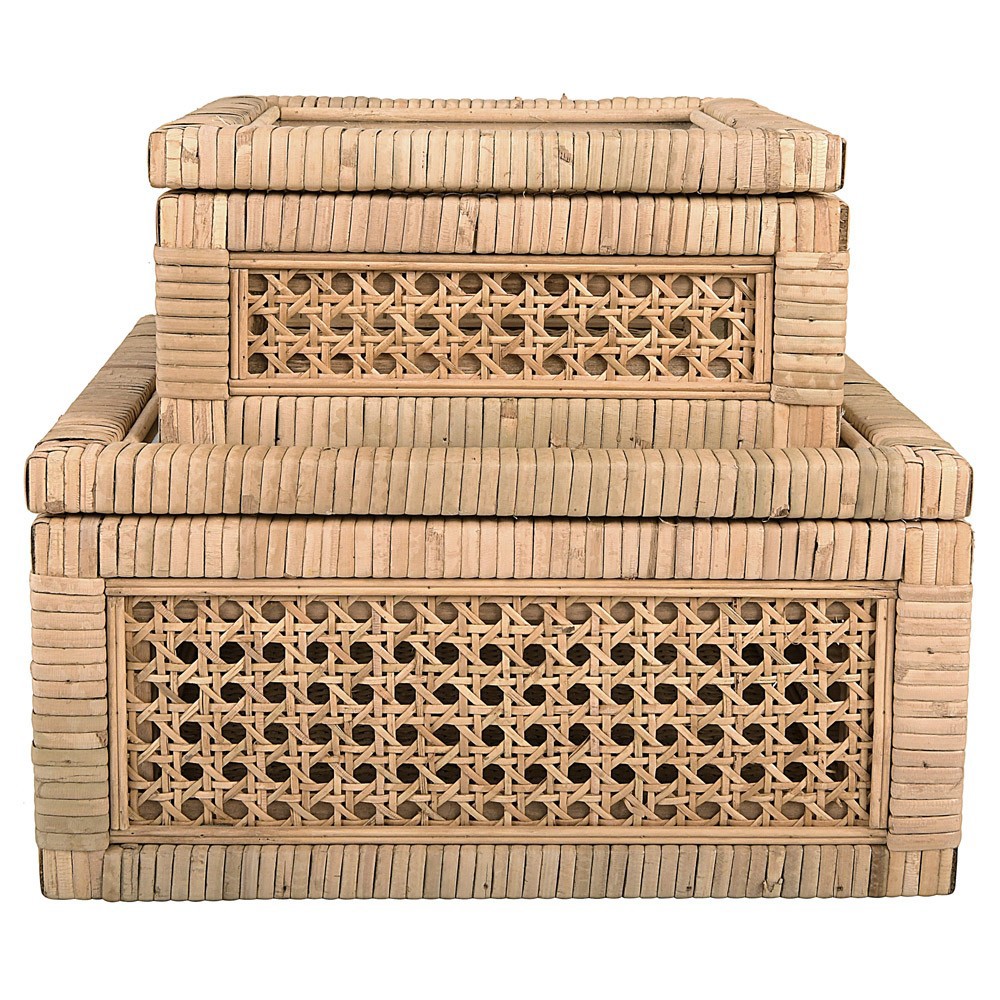 Niana Coastal Beach Natural Woven Rattan Square Decorative Box - Set of 2
