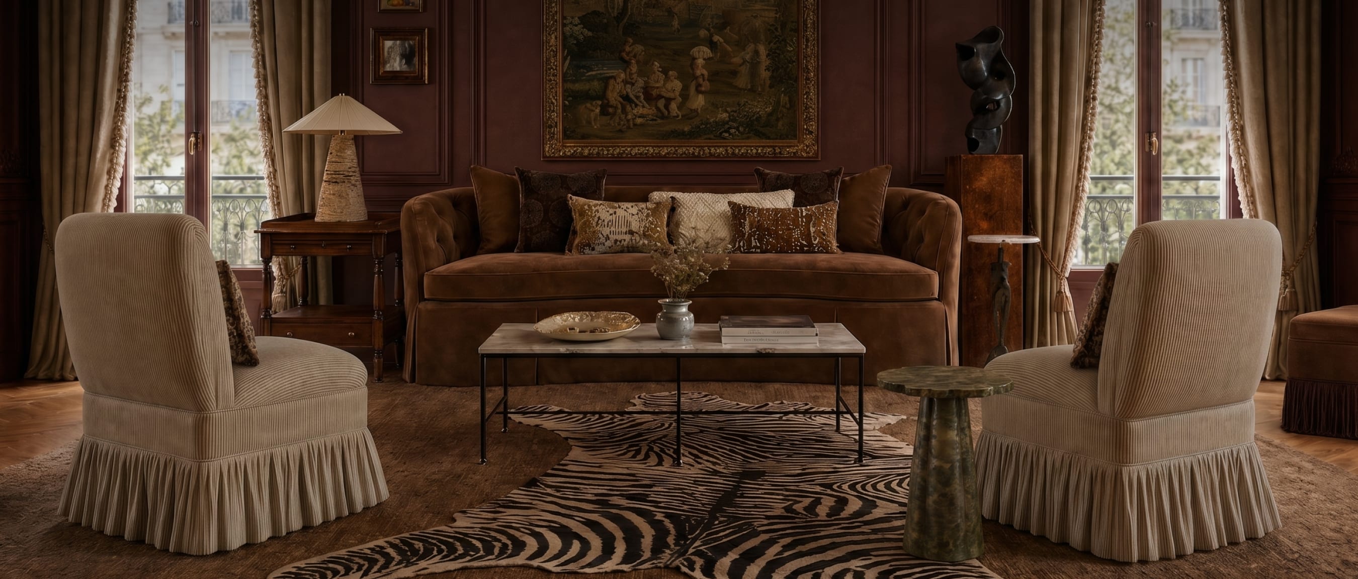 Tuileries living room layered with skirted seating, fringe, and pleated details
