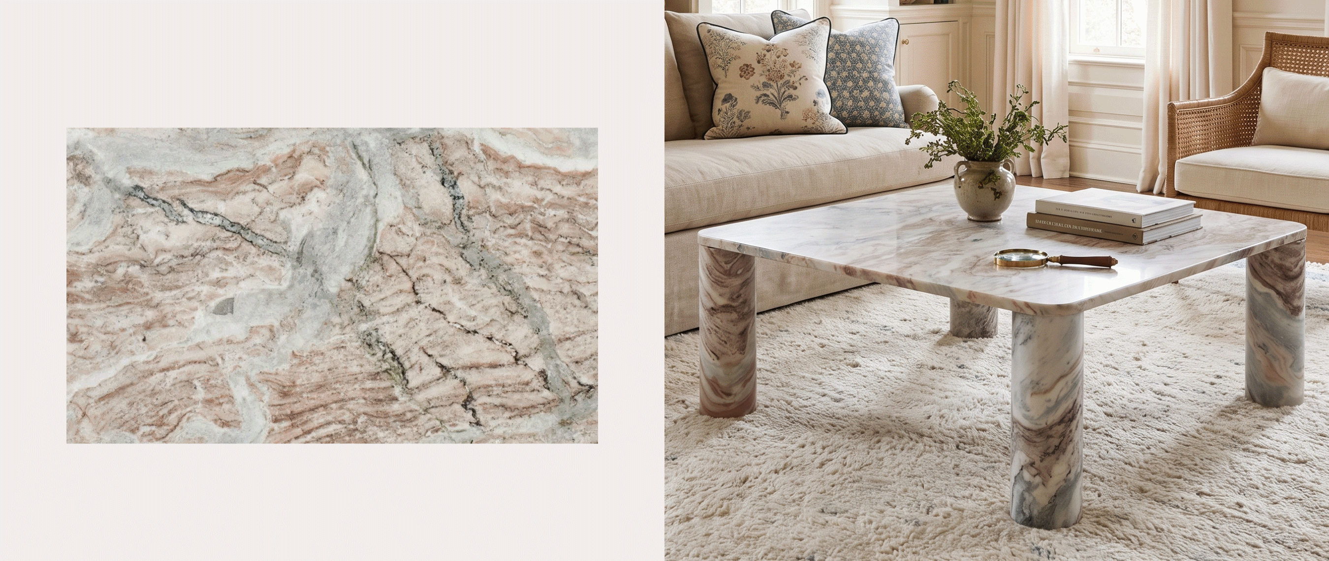 Figured marble slab and matching marble coffee table