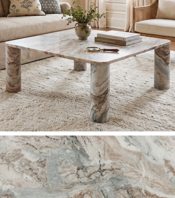 Figured marble coffee table and close-up stone veining