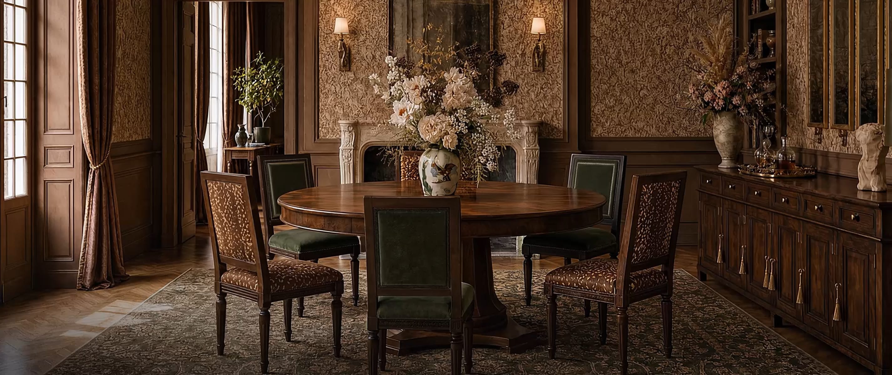 Collected Tuileries dining room with a round wood table and floral arrangement