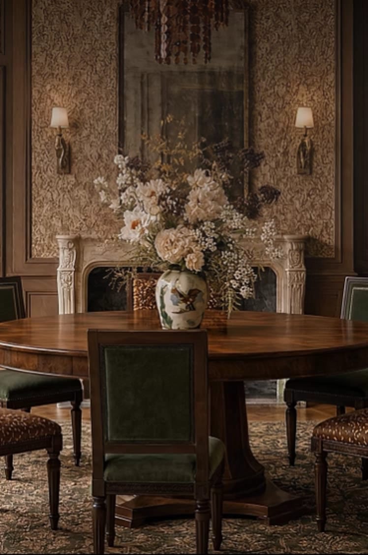 Collected Tuileries dining room with a round wood table and floral arrangement