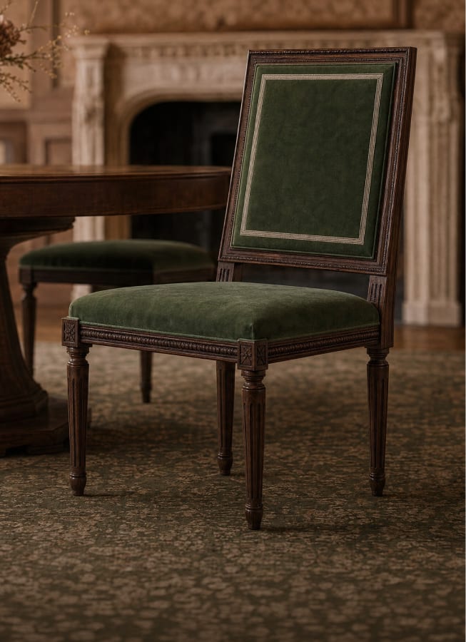 Green upholstered dining chair with a patterned wood frame