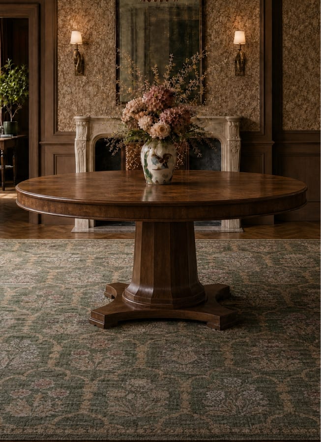 Round wood dining table in a richly layered room