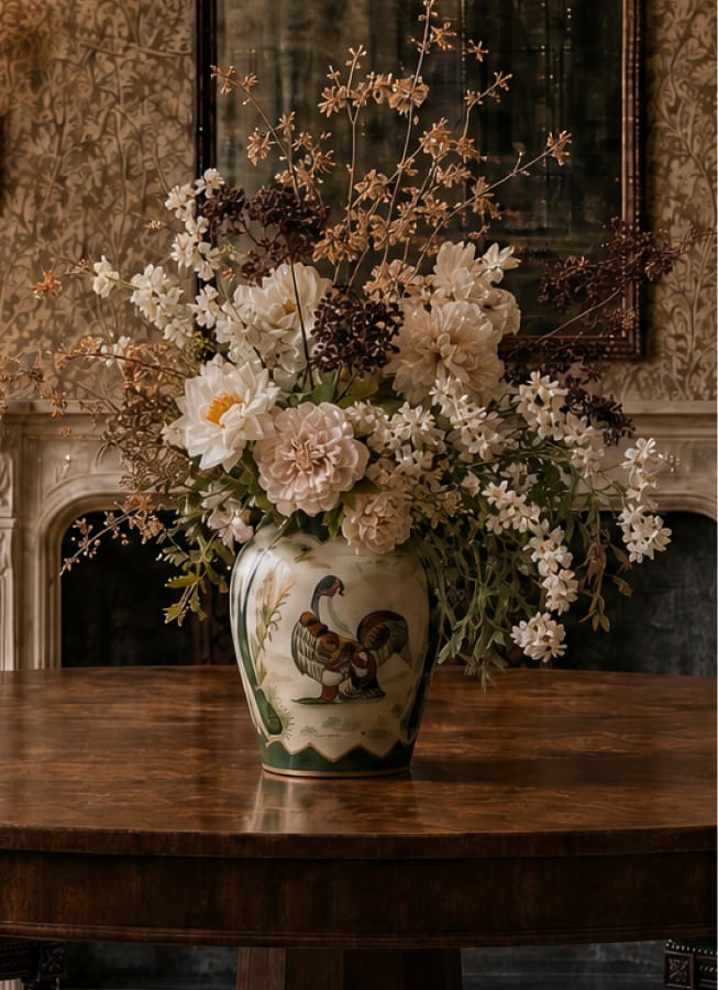 Floral arrangement in a painted ceramic vase