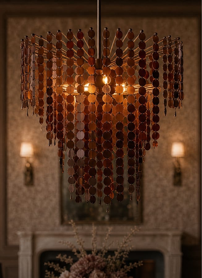 Amber glass chandelier glowing in a gathered room