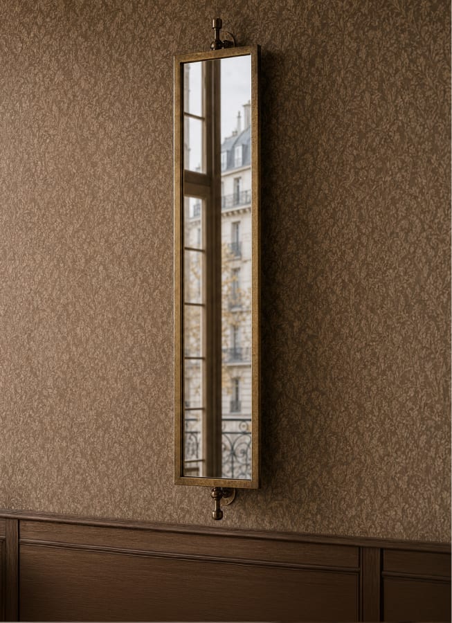 Tall narrow mirror reflecting a Parisian streetscape