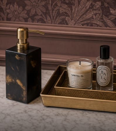 Bath accessories arranged on a decorative tray