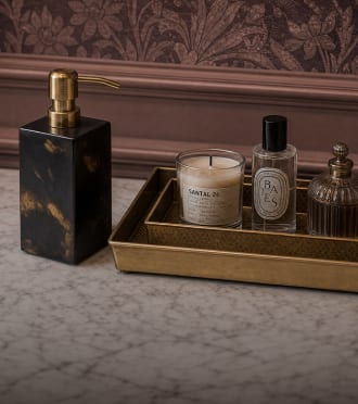 Bath accessories arranged on a decorative tray