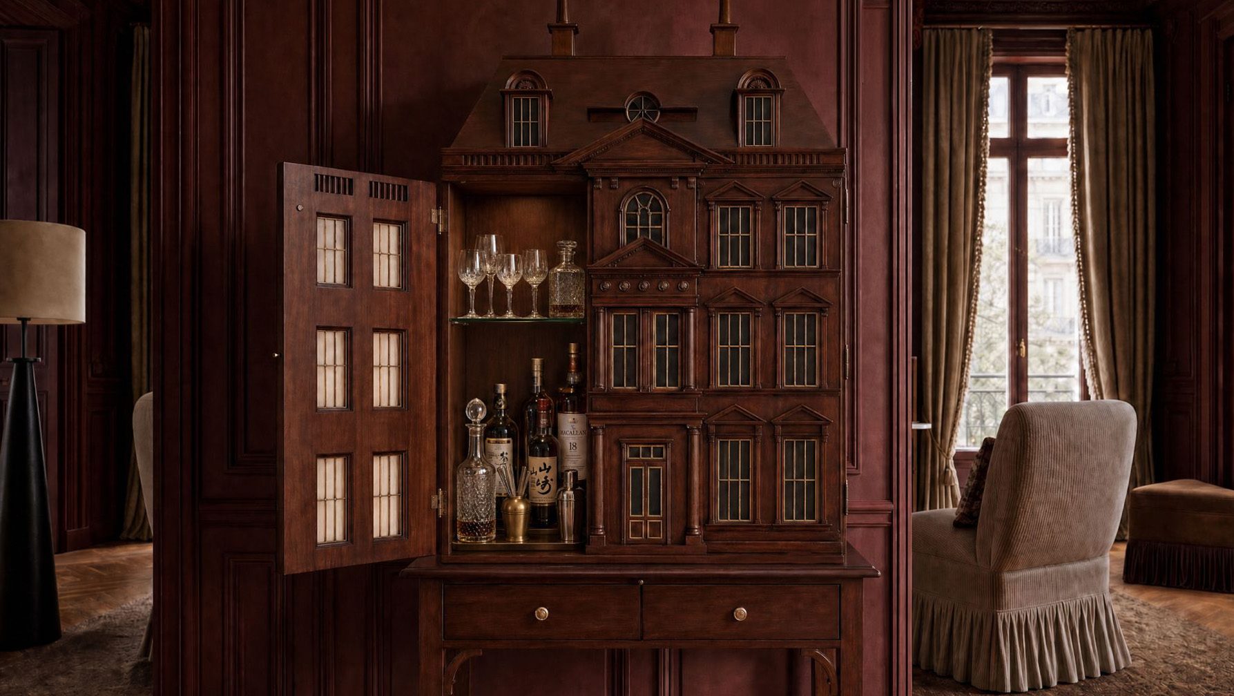 Dollhouse-style wood bar cabinet with glassware in a burgundy paneled room