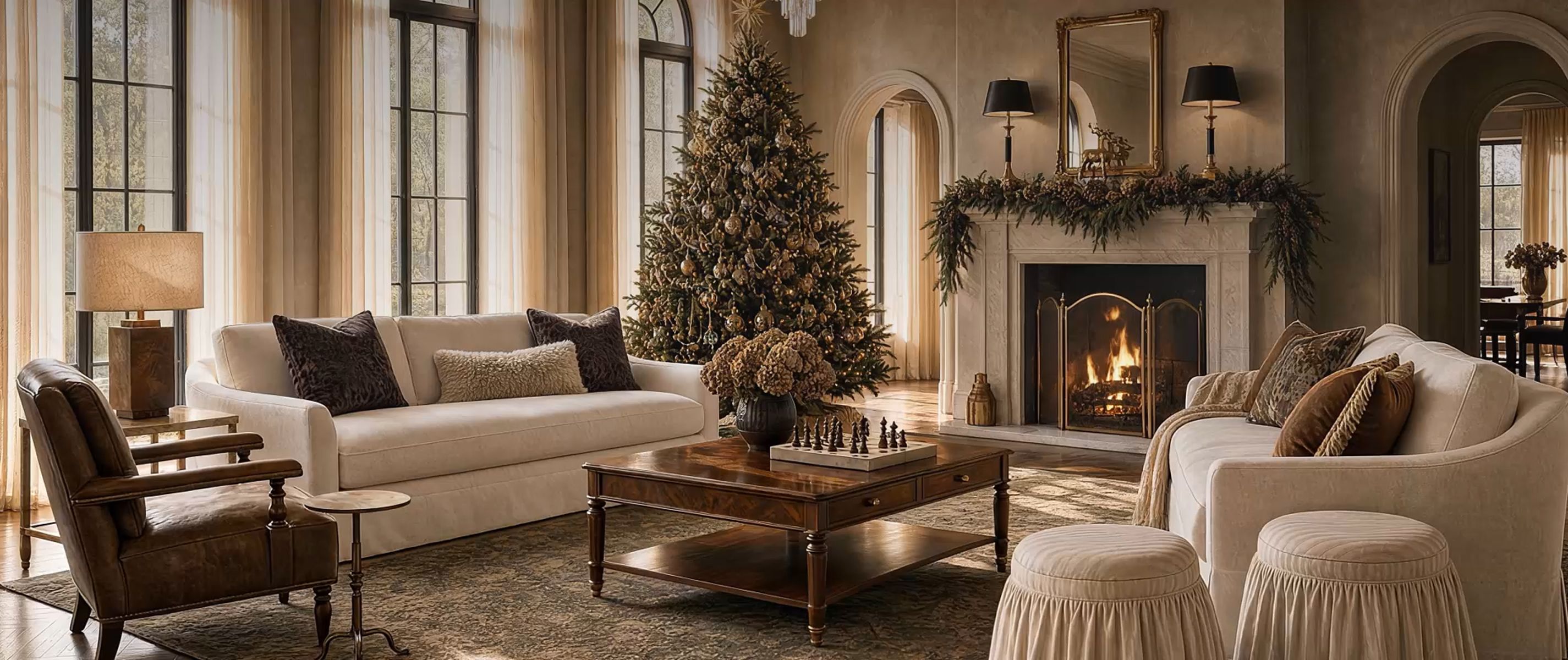 Christmas living room with a cream sofa, carved coffee table, and a lit fireplace