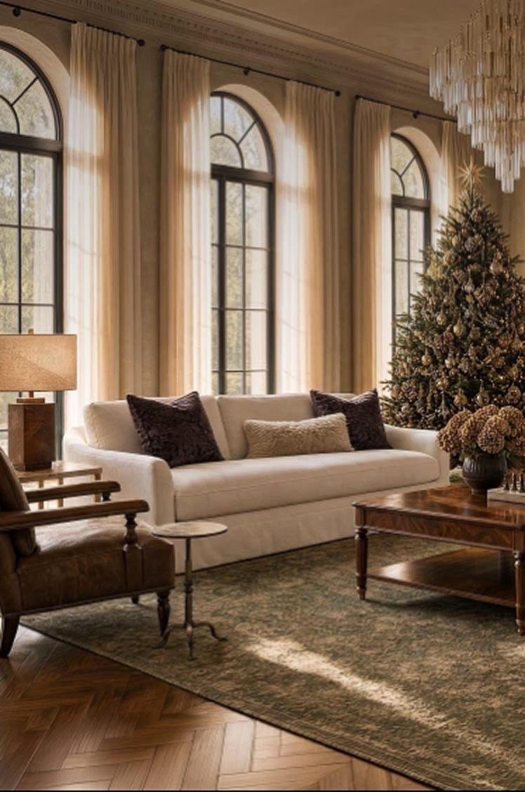 Christmas living room with a cream sofa, carved coffee table, and a lit fireplace