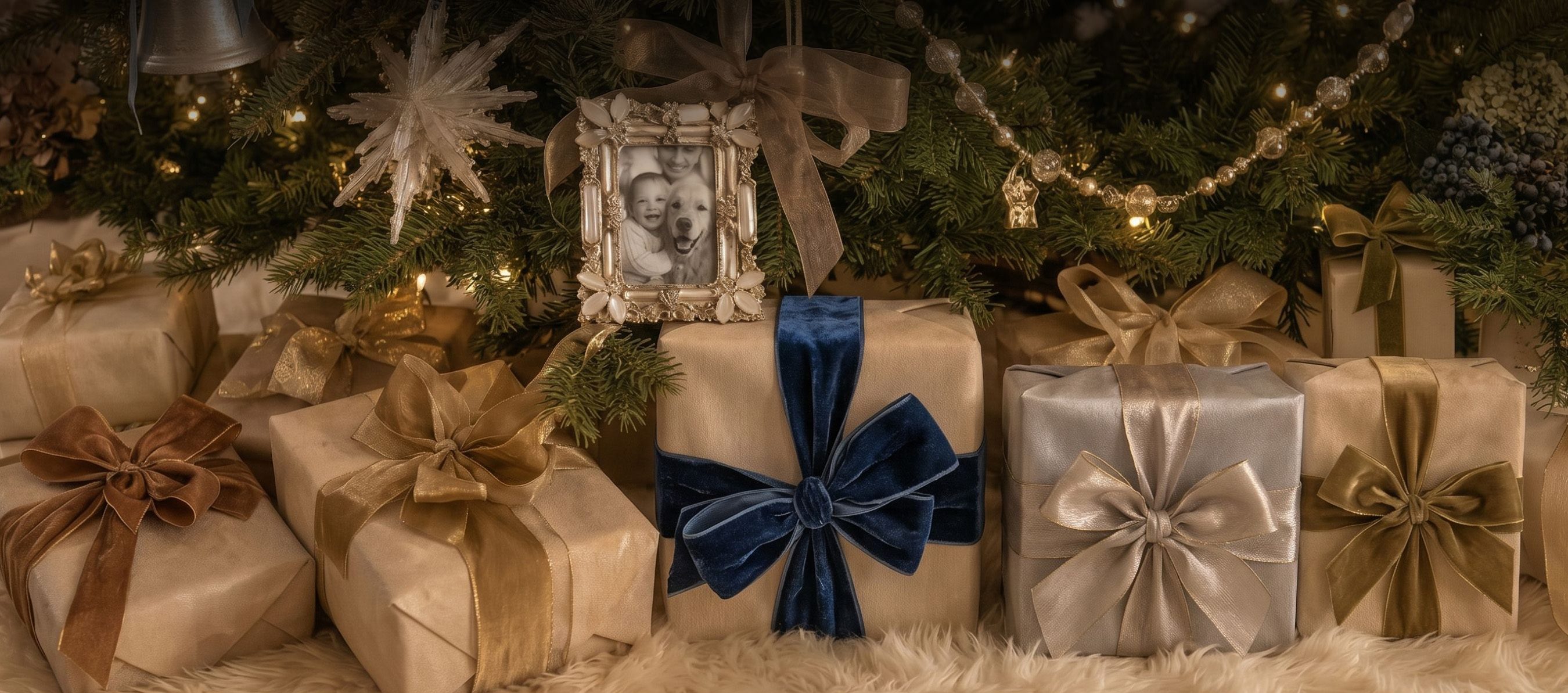 Wrapped gifts with velvet bows beneath a Christmas tree