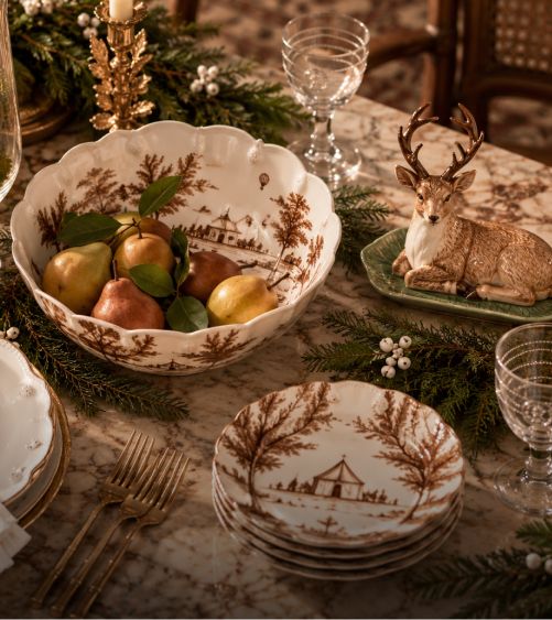 Holiday table set with transferware and pears