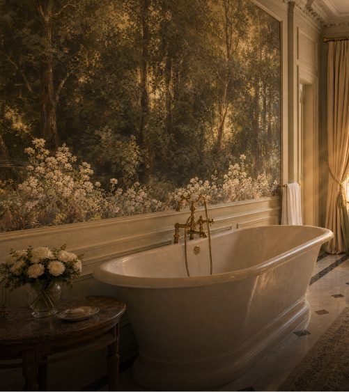 Forest mural wallpaper above a soaking tub in a paneled bath
