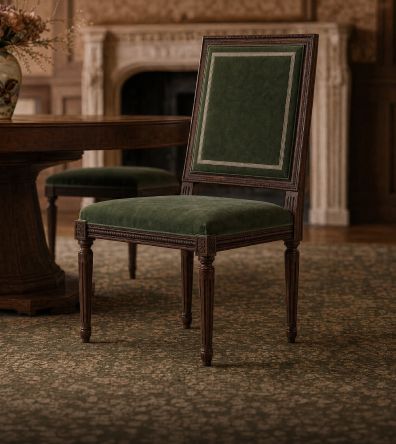 Green velvet dining chair beside a fireplace
