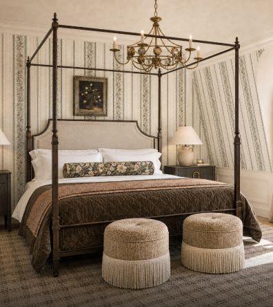 Canopy bed with fringed ottomans at its foot