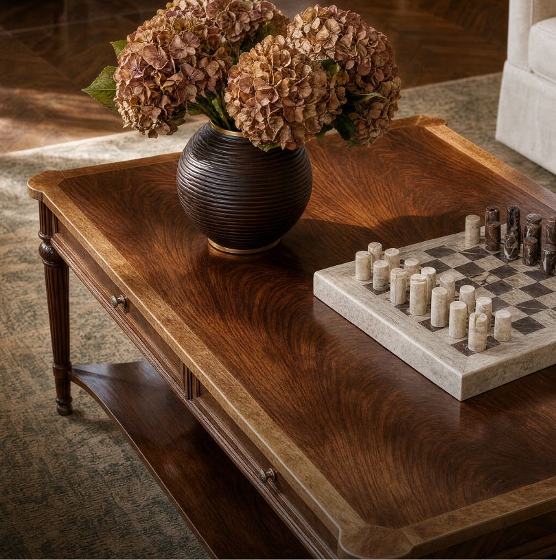 Carved wood coffee table set with a chessboard and hydrangeas