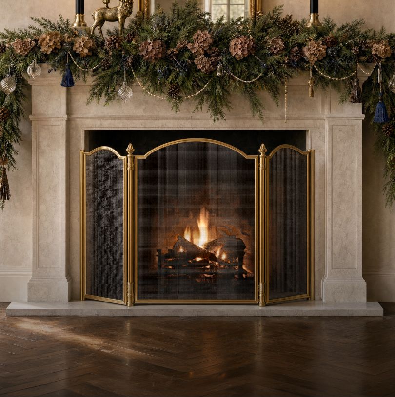 Brass fireplace screen beneath a garland-draped mantel