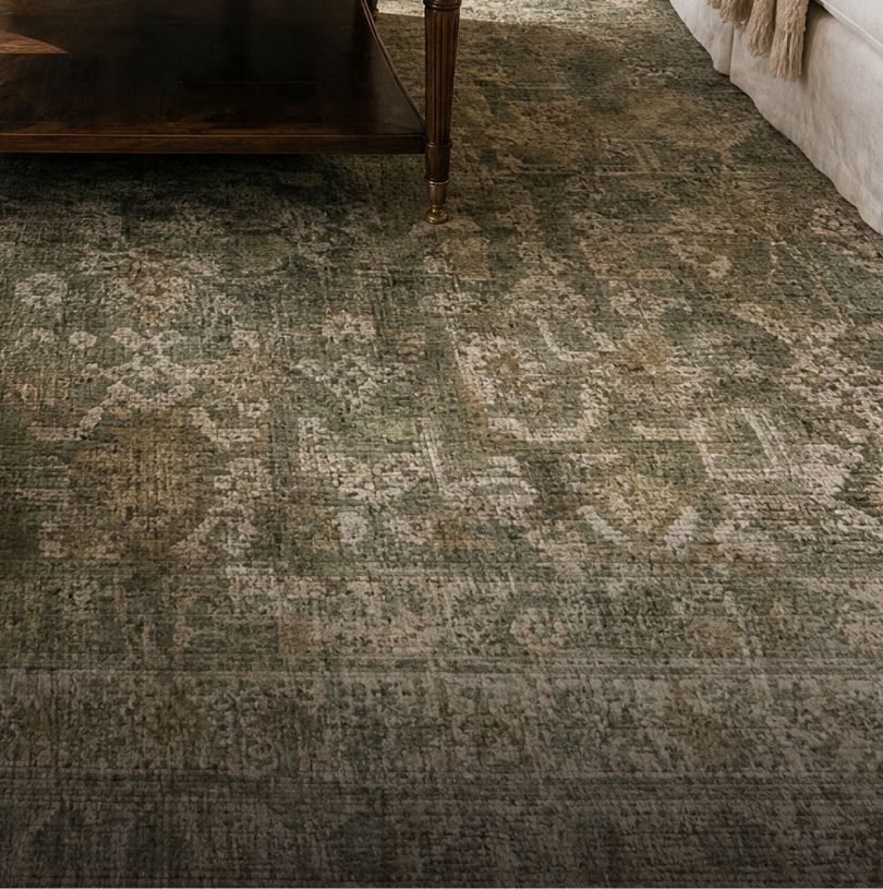 Faded green patterned rug beneath a wood table