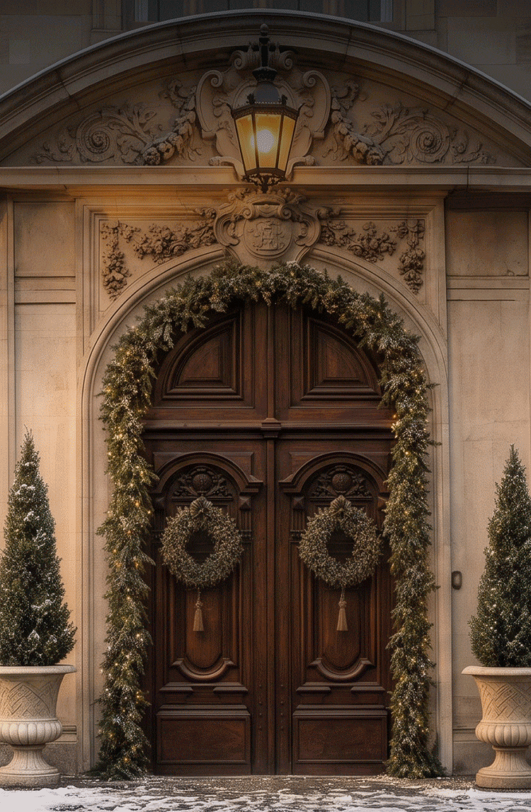 Snow-dusted manor entrance with a garland-framed wooden door