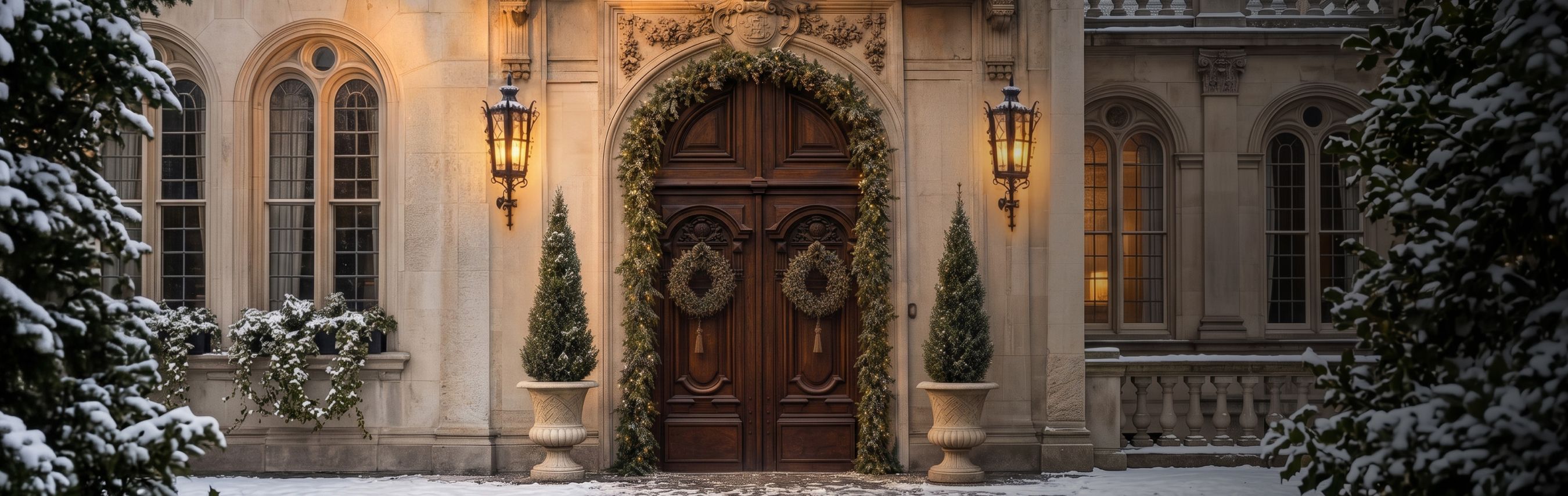 Snow-dusted manor entrance with a garland-framed wooden door