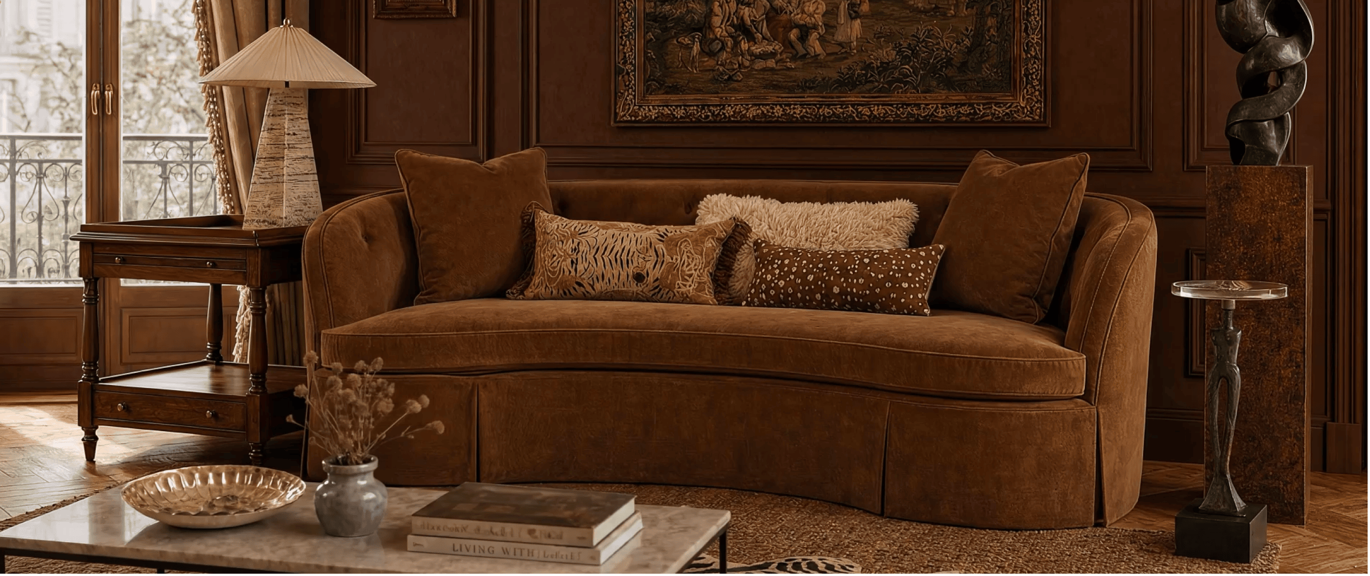 Curved cognac velvet sofa in a wood-paneled living room