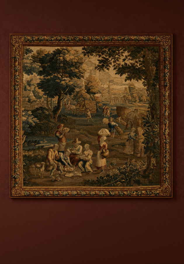 Framed pastoral tapestry on a burgundy wall
