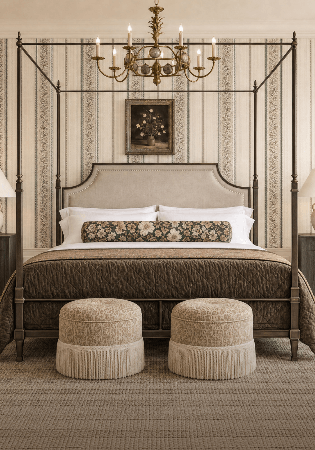 Iron canopy bed with fringed ottomans at its foot