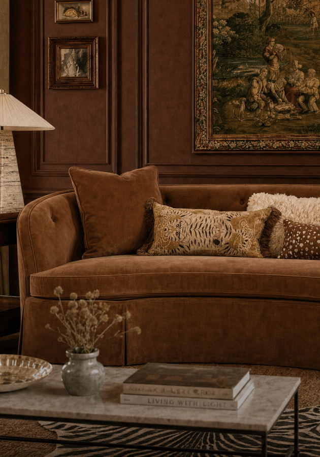 Curved cognac velvet sofa layered with pillows