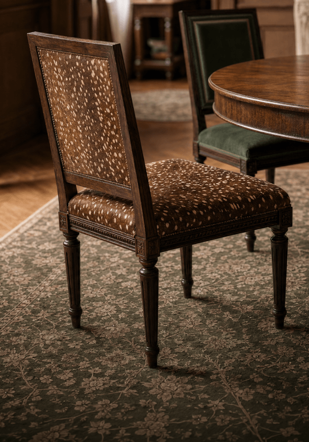 Spotted upholstered dining chair with a carved wood frame