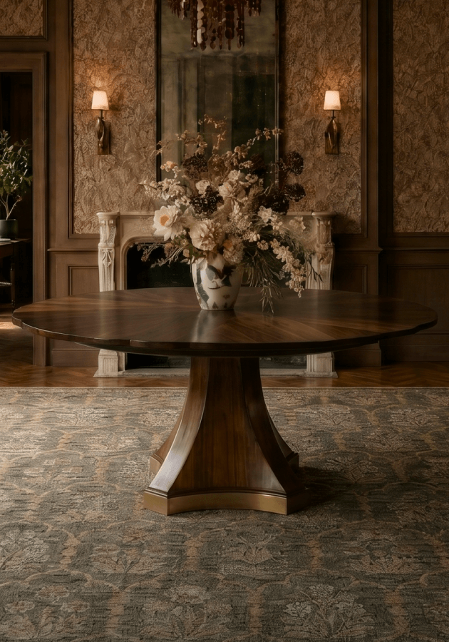 Round pedestal dining table in a paneled dining room