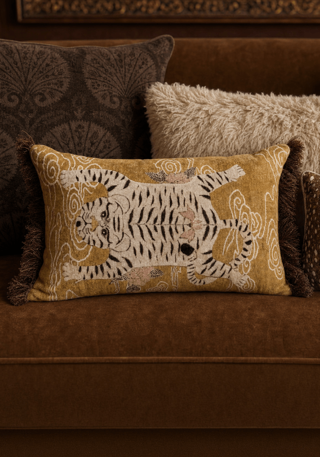 Tiger motif pillow layered with textured cushions